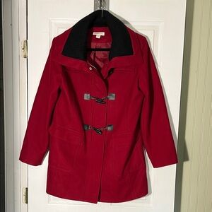 Coldwater Creek Vibrant Red Pea Coat with Dark Collar